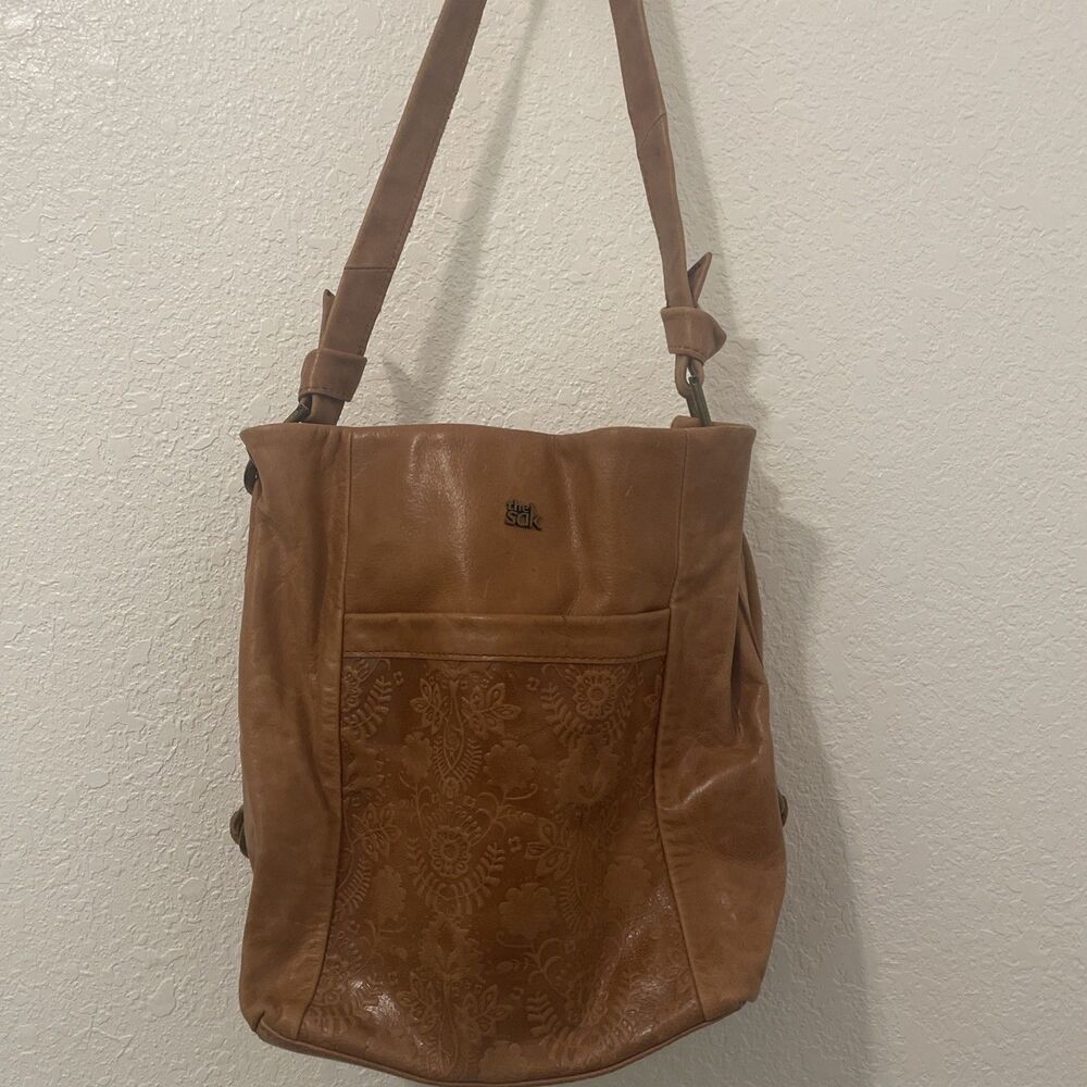 THE SAK Handbag Brown Leather Hobo Shoulder Bag Satchel Tooled Leather